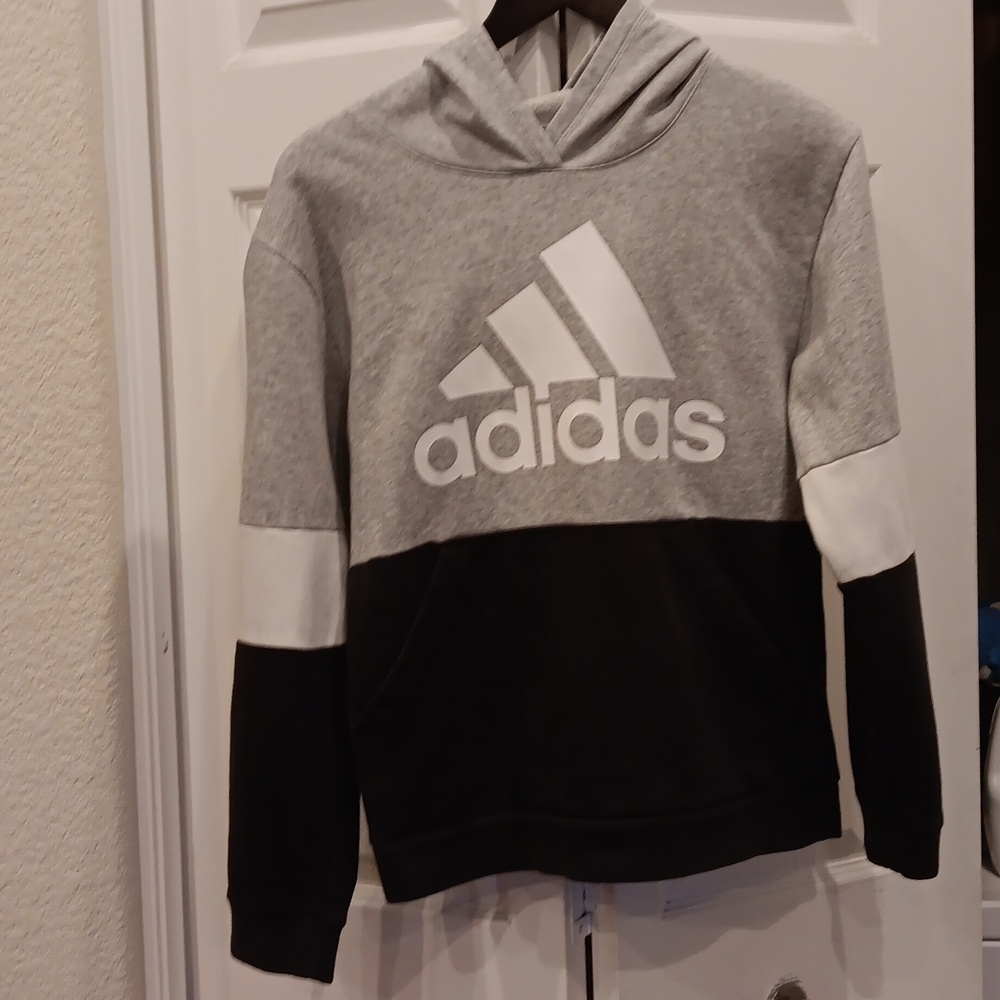 Adidas Youth Unisex Fleece Hoodie Gray/black/white Color Block Size L 14/16